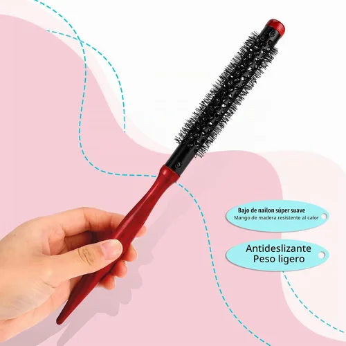 Vista 3 de Mini cepillo Quiff Roller para secado y rizado, cepillo de viaje portátil de 1/2 pulgada con mango de madera y cerdas de nailon para peinar cabello