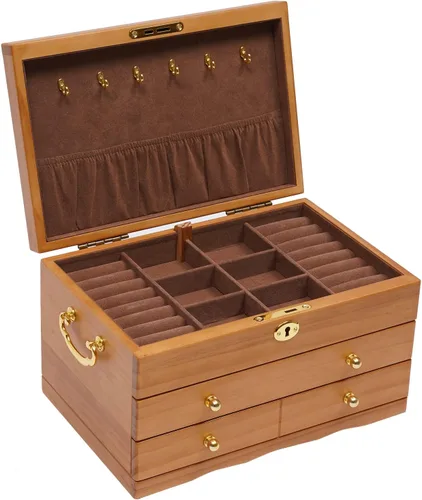 Vista 4 de Joyeros de madera, 3 capas de madera, caja de almacenamiento grande de madera sin espejo, caja de almacenamiento de joyería de escritorio