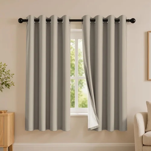 Vista 42 de 2 paneles de cortinas 100% opacas, de peso medio, con aislamiento térmico y ojales para dormitorio, sala de estar, tratamiento de ventana