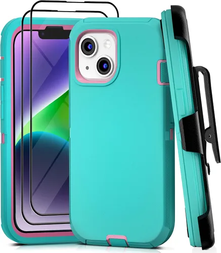 Vista 25 de Funda para iPhone 13 con 2 protectores de pantalla, resistente de grado militar, funda de cuerpo completo para hombres y mujeres (aguamarina + rosa)