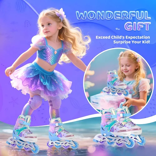 Vista 5 de NEMONE Patines en línea estilo sirena, patines ajustables en 4 tallas para niñas y niños con ruedas iluminadas, para principiantes, uso