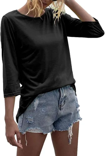 Vista 3 de Danedvi Camiseta de manga 34 con cuello redondo para mujer, tops básicos casuales