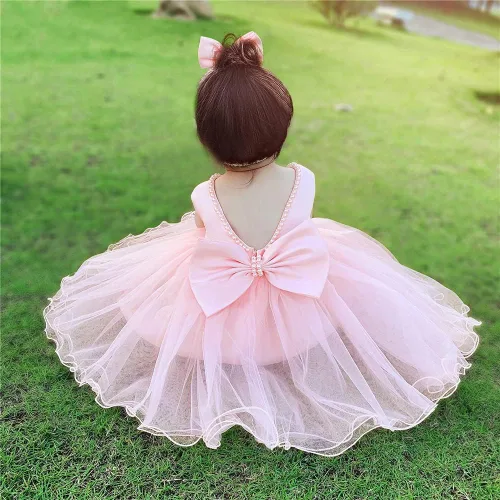 Vista 6 de 6M-6T - Vestido de bebé para niñas, vestido de encaje sin espalda, vestido de princesa formal para niños pequeños