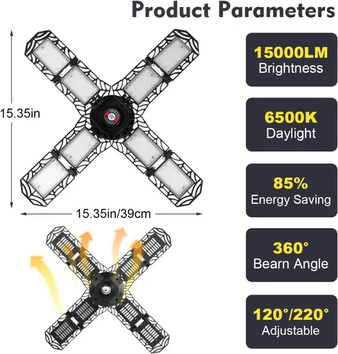 Vista 3 de Luz de garaje LED, lámpara de techo de trabajo de tienda súper brillante con rosca E26/E27, 200W 20000 lúmenes, bombilla deformable para sótano