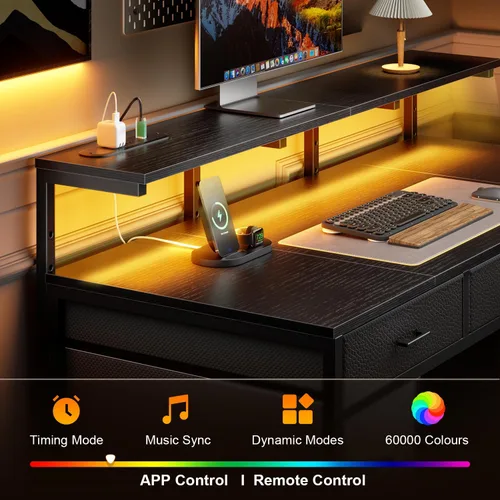 Vista 4 de HLDIRECT Escritorio de computadora de 47 pulgadas con 8 cajones de almacenamiento, escritorio para juegos con luces LED y tomas de corriente USB