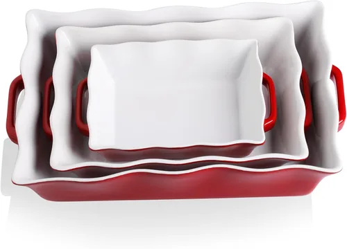 Vista 9 de Sweejar Cacerola para horno, fuente de cerámica para hornear de 9 x 13 pulgadas, utensilios para hornear con borde ondulado con asas, bandeja