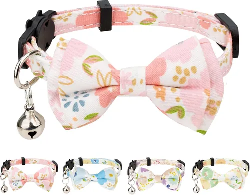 Vista 10 de Collar de gato Campana pajarita de seguridad para gatito, flor separable, Kimino Sakura, pastel, patrón de dibujos animados, gatito, niño, niña