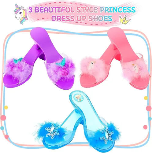 Vista 3 de Juego de regalo de princesa para niñas de 3 a 6 años, juego de zapatos de vestir de princesa que incluye kit de joyería para niños, faldas 3 pares