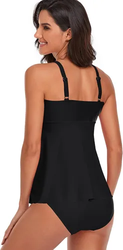 Vista 3 de Omichic Trajes de baño tankini para mujer, de dos piezas, blusa tipo tankini modesta con parte inferior de bikini Negro