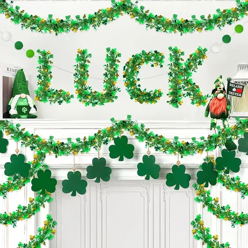 Vista 4 de Guirnalda decorativa de 33 pies para el día de San Patricio, guirnalda de oropel con sombrero de trébol verde dorado, guirnalda metálica brillante