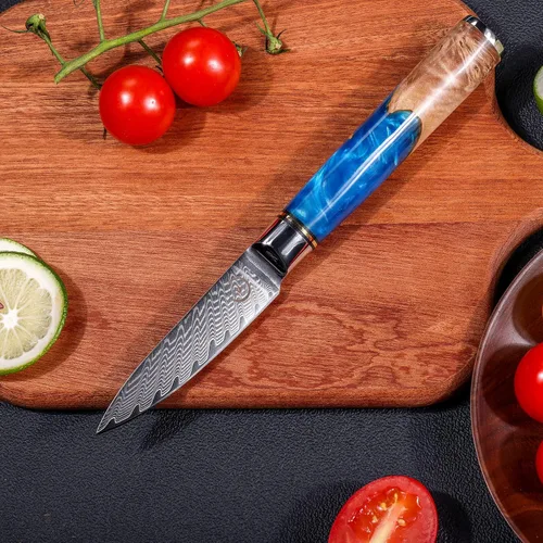 Vista 4 de Juego de cuchillos de chef, juego de 3 cuchillos de cocina, acero Damasco VG10, serie mango azul