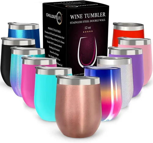 Vista 41 de CHILLOUT LIFE - Vaso de acero inoxidable de 12 onzas con tapa y caja de regalo, diseño de viaje con recubrimiento en polvo, aislamiento al vacío