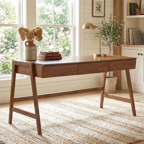 Vista 9 de HNY Escritorio de madera negra de 59 pulgadas con 3 cajones, mesa de estudio de computadora con parte superior de MDF, patas de madera maciza