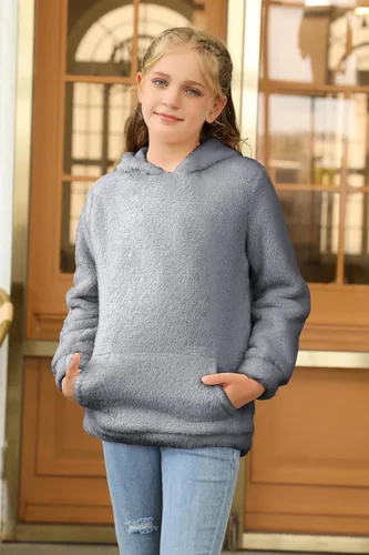 Vista 5 de Haloumoning - Sudadera con capucha de vellón mullido y bolsillos, sudadera holgada y casual para niñas de 4 a 15 años