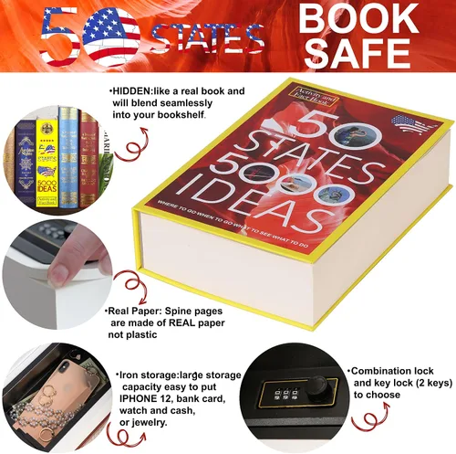 Vista 4 de Caja fuerte con diseño de páginas reales de 50 estados con cerradura de combinación, cajas de seguridad para guardar libros para artículos