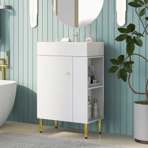 Vista 13 de LUMISOL Mueble de baño pequeño de 21.6 pulgadas con fregadero, tocador de baño estrecho con una puerta y almacenamiento lateral derecho, armario