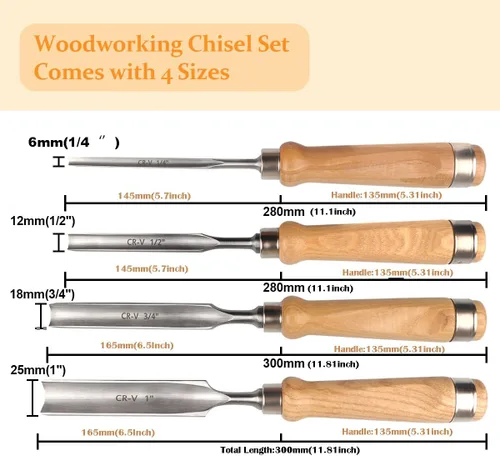 Vista 2 de ATOPLEE Juego de cinceles de madera para carpintería, 4 piezas Herramienta profesional de tallado de madera Herramienta de carpintero CR-V de acero