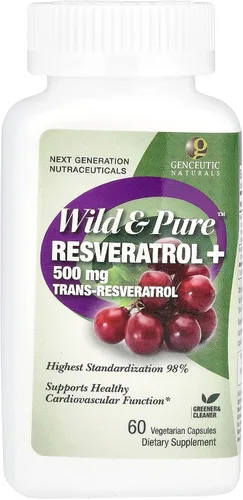 Vista 3 de Genceutic Naturals Wild & Pure Resveratrol Cápsulas vegetarianas, 60 unidades Promueve la salud del corazón Anti envejecimiento Bienestar