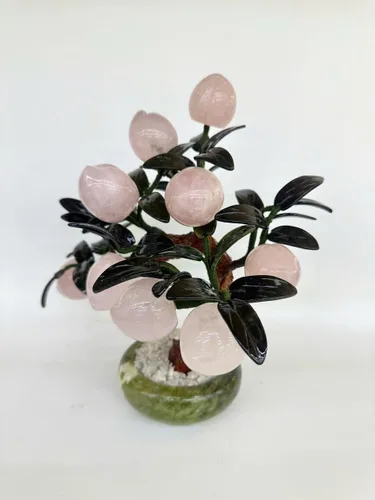 Vista 5 de Árbol de melocotón de cristal de cuarzo rosa natural Feng Shui, bonsái Feng Shui árbol de dinero para energía positiva, suerte y riqueza, alrededor