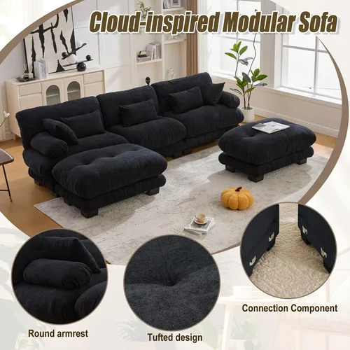 Vista 5 de Sofá modular en forma de U de 118 pulgadas con 2 otomanas, sofá de nube de terciopelo peletizado con almohadas de apoyabrazos de refuerzo, cómodo