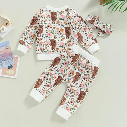 Vista 3 de Conjunto de sudadera de manga larga con cuello redondo y pantalones deportivos para bebé niña de 2 piezas