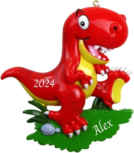 Vista 6 de Adorno de árbol de Navidad personalizado 2024 para niños, dinosaurio verde, adorno personalizado de Feliz Navidad, recuerdo de dinosaurio para niños