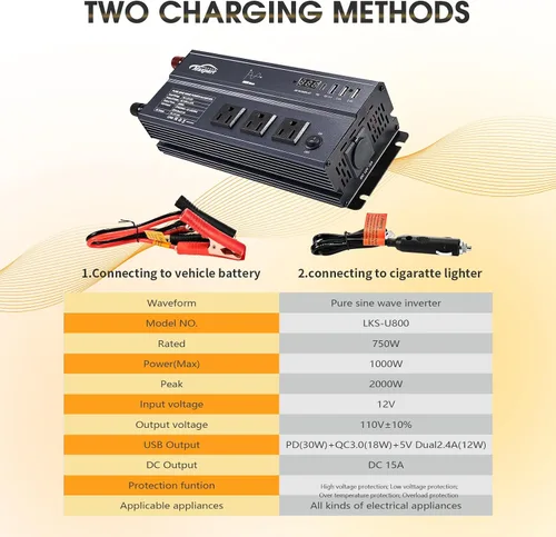 Vista 3 de Inversor de Onda Sinusoidal Pura de 1000W de 12V DC a 120V AC, Inversor de Corriente para Automóvil de 1000 Vatios 12 Voltios para Hogar, Camping