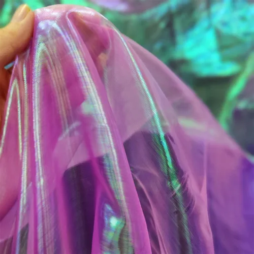 Vista 19 de Tela de encaje de organza con gradiente láser arcoíris mágico, tela de gasa holográfica iridescente para vestido de novia, cortina, fondo, fiesta