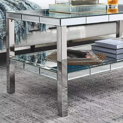 Vista 6 de LUMISOL Mesa de centro con espejo plateado con diseño de cristal, mesa central rectangular de vidrio de 2 capas con patas de acero inoxidable, mesa