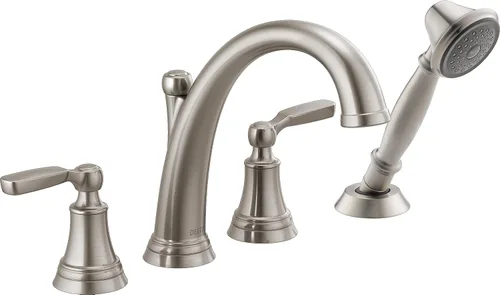 Vista 9 de Delta Woodhurst - Grifo de bañera romana con ducha de mano, grifo de bañera cromado para montaje en cubierta, cromado T4732