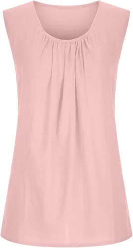 Vista 7 de ZZWXWA Women Shirts Flowy Sleeveless Cotton Linen Shirts Tunic Tops to Wear with Leggings Loose Fit Solid Round Neck T-Shirt