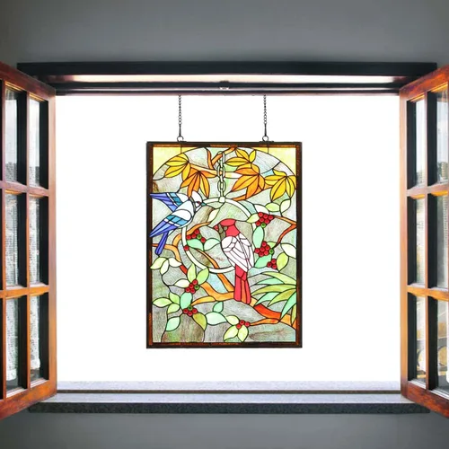 Vista 3 de BIeye W10052 Blue Jay and Cardinal on Branches Tiffany Style - Panel de vitral con cadena, forma rectangular, 18 pulgadas de ancho x 24 pulgadas