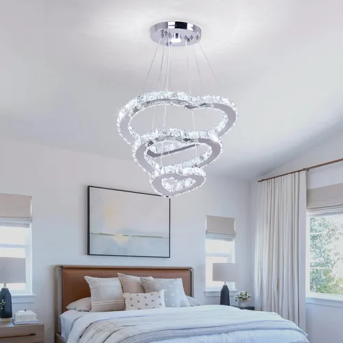 Vista 5 de Lámpara de araña moderna de cristal de corazón de 3 anillos con iluminación LED colgante de acero inoxidable para sala de estar, comedor y blanco