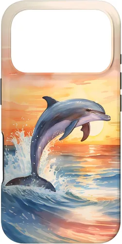 Vista 30 de Dolphin Jumping Sunset Over Ocean Watercolor Art Case for iPhone 17
