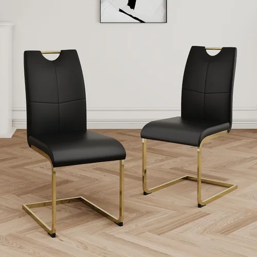 Vista 45 de Juego de sillas de comedor modernas (2 unidades) de piel sintética PU con respaldo alto tapizadas con patas doradas de metal para cocina y comedor