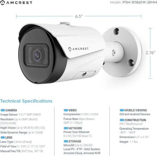 Vista 5 de Amcrest Sistema de cámara de seguridad de 5MP, 4K 8CH PoE NVR, (4) x 5 megapíxeles lente gran angular de 0.110 in resistente a la intemperie cámaras