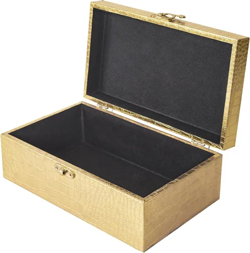 Vista 6 de Juego de 2 cajas de almacenamiento decorativas de madera, cuero de cocodrilo dorado con cierre para el hogar, cocina, sala de estar, regalo ideal