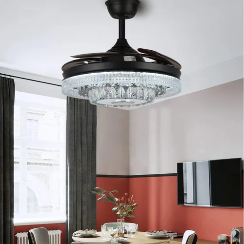 Vista 2 de Fandian Ventilador de techo inteligente moderno de 42 pulgadas con luces de control remoto, candelabro de cristal retráctil de inversa negra