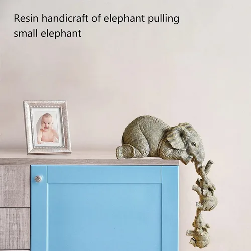 Vista 8 de Linda estatua decorativa de elefante, para madre y dos bebés, figuras colgantes para mesa, colección pintada a mano, escultura de resina animal