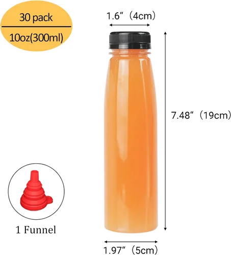 Vista 3 de Paquete de 30 botellas de plástico vacías de 10 onzas con tapas, recipientes transparentes reutilizables para bebidas con tapas negras a prueba