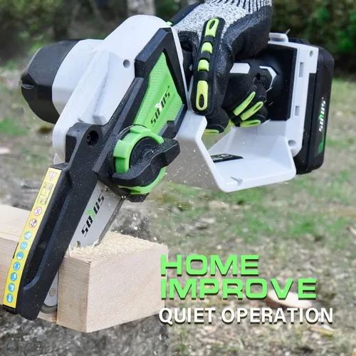 Vista 6 de Mini motosierra inalámbrica, SOYUS de 4 pulgadas con batería y cargador, potente motosierra pequeña de mano para cortar ramas de madera