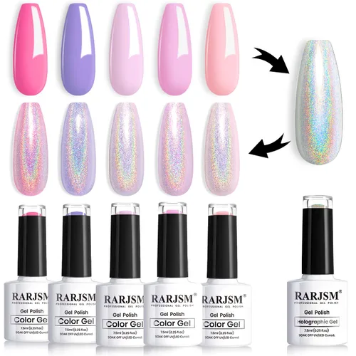 Vista 13 de RARJSM Juego de esmaltes de gel holográfico, color verde turquesa, kit de esmalte de uñas de gel con purpurina, colección de verano, 6