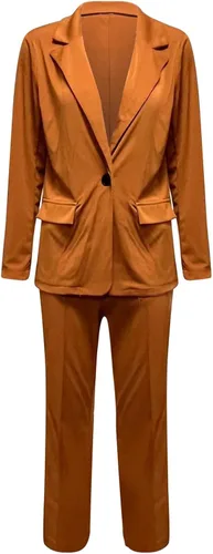 Vista 2 de Hugncmy Conjunto de traje de dos piezas con solapa para mujer, chaqueta formal de manga larga con botones + overol de manga corta para mujer