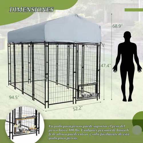 Vista 2 de Perrera para perros al aire libre, recinto para perros de 8 x 4 x 5.7 pies con cubierta de techo impermeable y 2 cuencos giratorios para perros