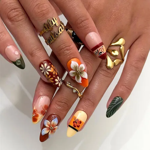 Vista 14 de Uñas postizas de almendra medianas MABKJLF con punta francesa, uñas falsas 3D con diseños de pedrería de flores de fresa, uñas pegajosas brillantes 1