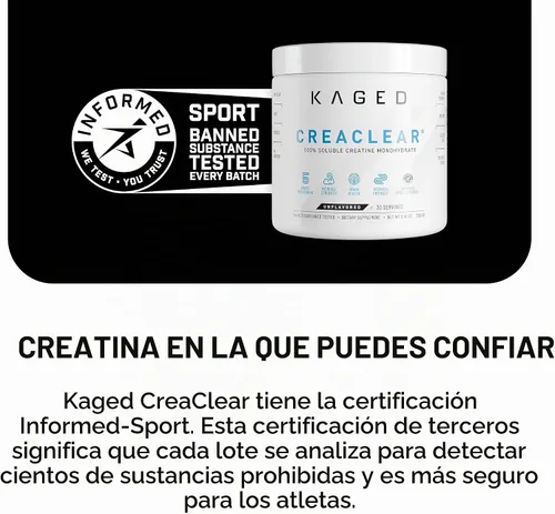 Vista 5 de Kaged CreaClear Creatine Monohydrate Powder Mezcla transparente y se disuelve completamente, sin grano Creatina micronizada premium para fuerza