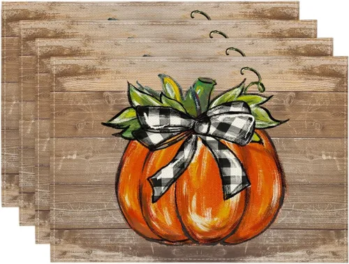 Vista 7 de Artoid Mode Juego de 4 manteles individuales de otoño con diseño de calabaza a cuadros de búfalo de 12 x 18 pulgadas para decoración de fiestas