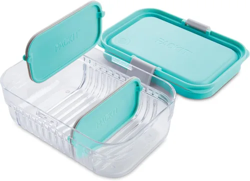 Vista 3 de PackIt Mod Lunch Bento Contenedor de almacenamiento de alimentos, verde menta, base de cristal transparente a prueba de roturas, con divisores