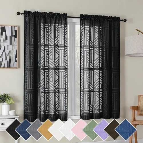 Vista 72 de Simplebrand Cortinas traslúcidas negras de cocina de 24 pulgadas de largo, 2 paneles, filtrado de luz, geométrico jacquard con textura, cortinas