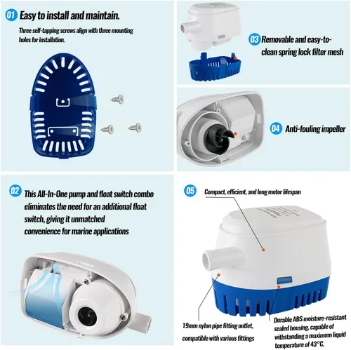 Vista 2 de Bomba de sentina marina automática de 12 V 750 GPH con interruptor de flotador integrado, bomba de agua sumergible de encendido/apagado automático